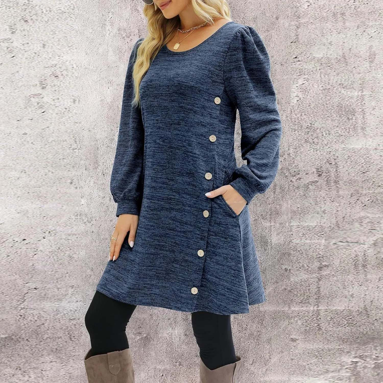 Womens Sweater Dresses 2024 Trendy Crewneck Solid Color Button Long Sleeve Casual Loose Dress Fall Outfits with Pockets