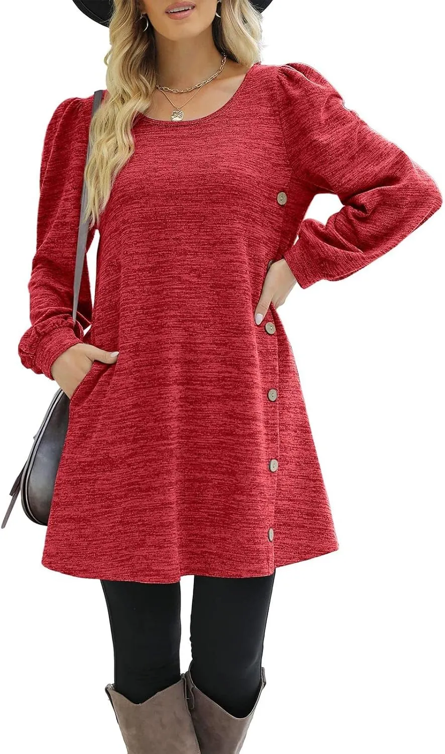 Womens Sweater Dresses 2024 Trendy Crewneck Solid Color Button Long Sleeve Casual Loose Dress Fall Outfits with Pockets