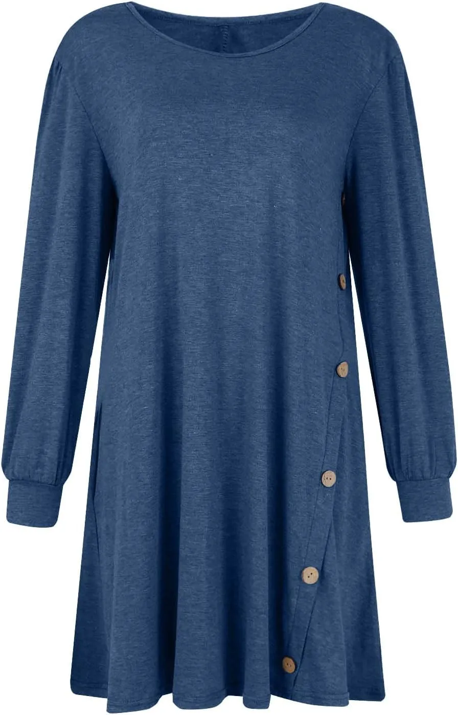 Womens Sweater Dresses 2024 Trendy Crewneck Solid Color Button Long Sleeve Casual Loose Dress Fall Outfits with Pockets
