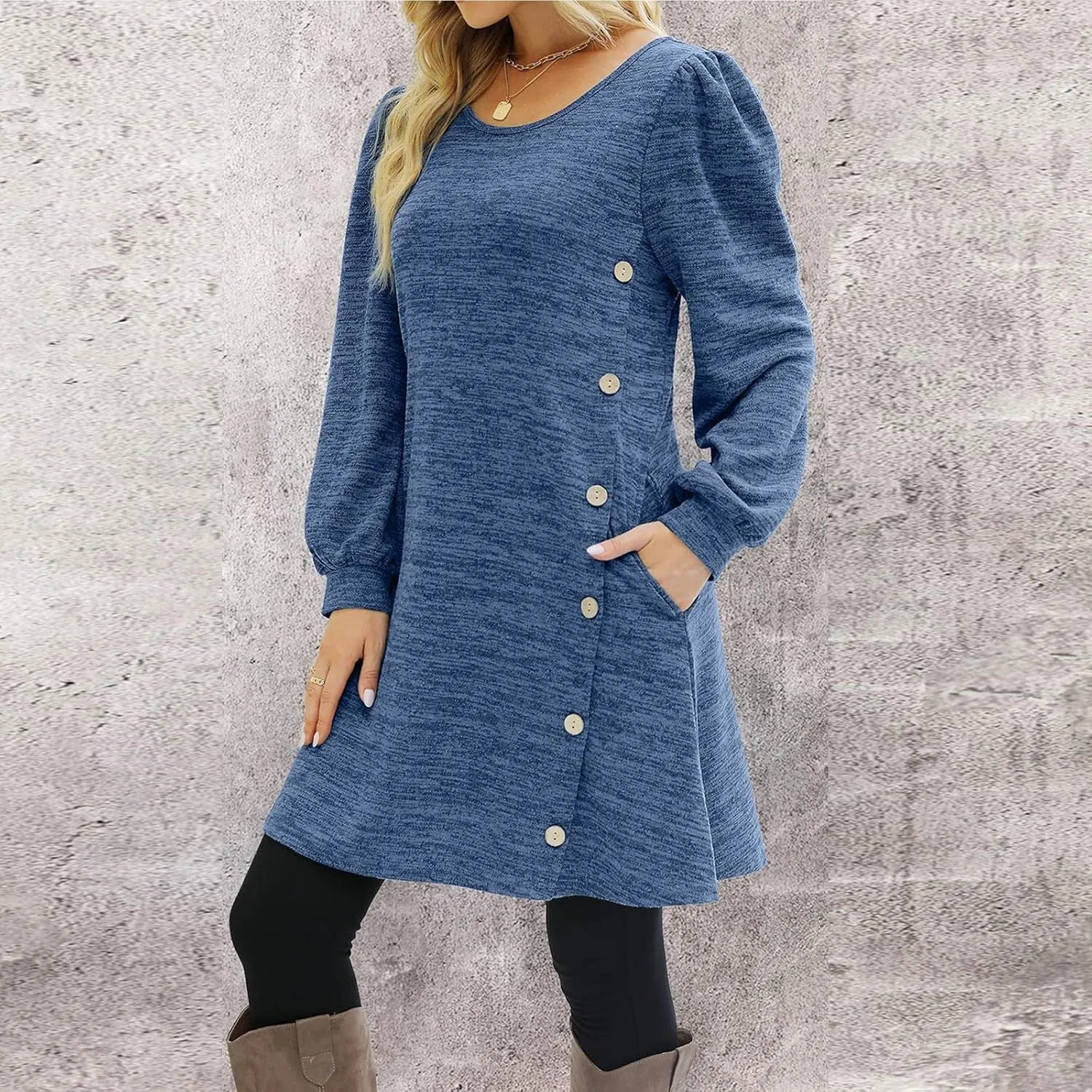 Womens Sweater Dresses 2024 Trendy Crewneck Solid Color Button Long Sleeve Casual Loose Dress Fall Outfits with Pockets