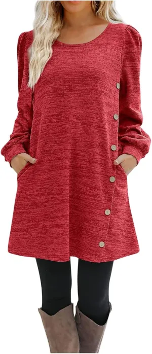 Womens Sweater Dresses 2024 Trendy Crewneck Solid Color Button Long Sleeve Casual Loose Dress Fall Outfits with Pockets