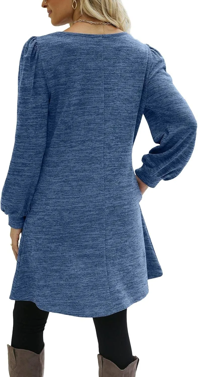 Womens Sweater Dresses 2024 Trendy Crewneck Solid Color Button Long Sleeve Casual Loose Dress Fall Outfits with Pockets