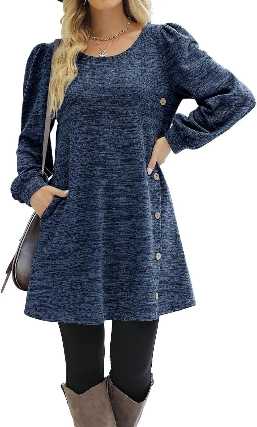 Womens Sweater Dresses 2024 Trendy Crewneck Solid Color Button Long Sleeve Casual Loose Dress Fall Outfits with Pockets