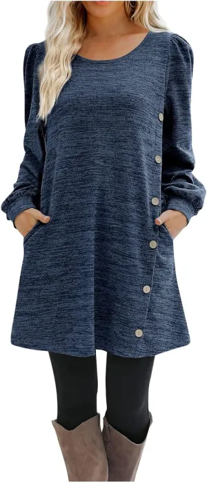 Womens Sweater Dresses 2024 Trendy Crewneck Solid Color Button Long Sleeve Casual Loose Dress Fall Outfits with Pockets