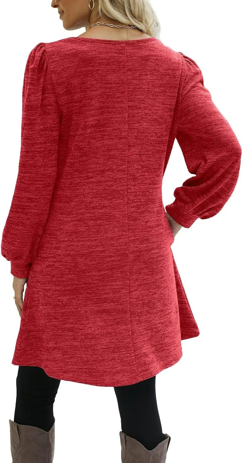 Womens Sweater Dresses 2024 Trendy Crewneck Solid Color Button Long Sleeve Casual Loose Dress Fall Outfits with Pockets
