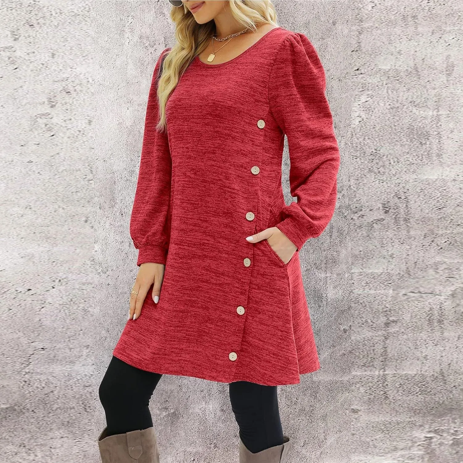Womens Sweater Dresses 2024 Trendy Crewneck Solid Color Button Long Sleeve Casual Loose Dress Fall Outfits with Pockets