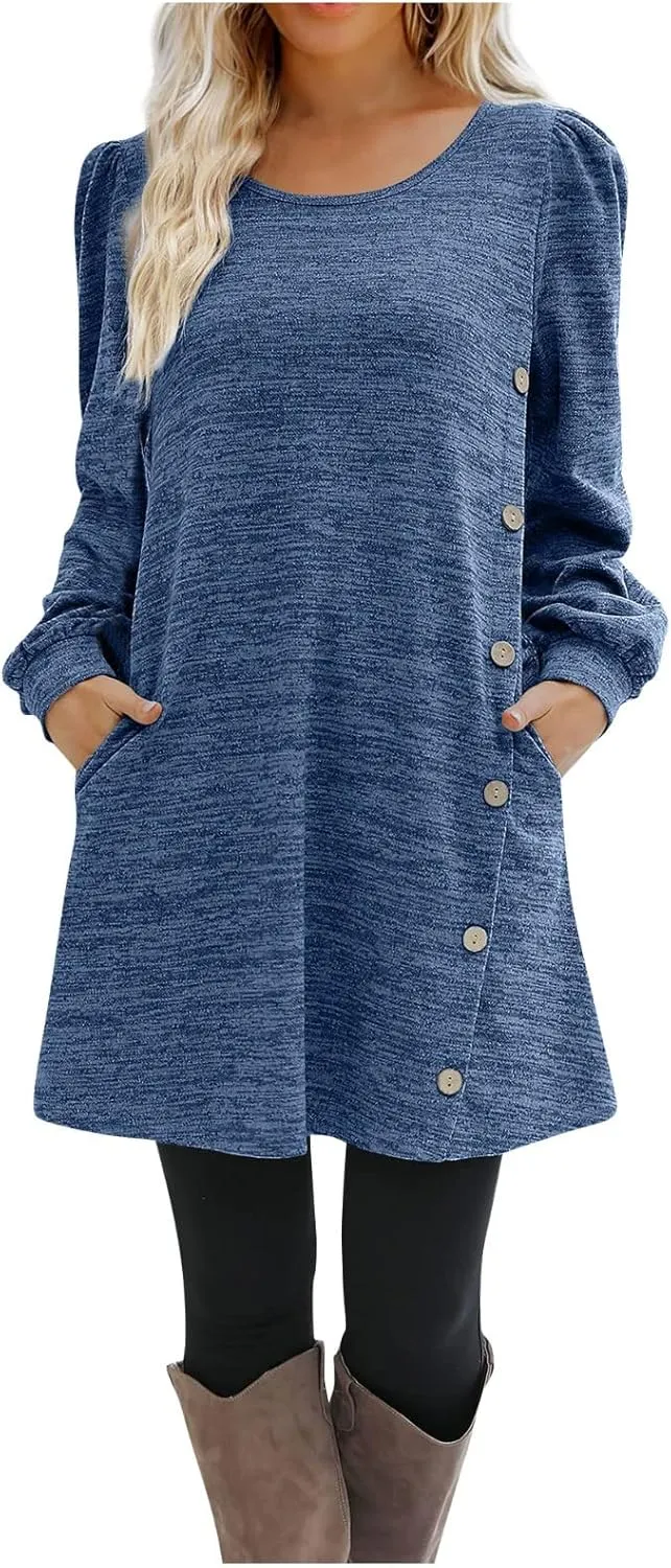 Womens Sweater Dresses 2024 Trendy Crewneck Solid Color Button Long Sleeve Casual Loose Dress Fall Outfits with Pockets