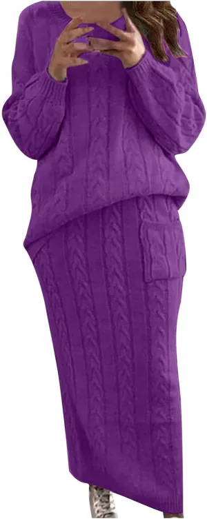 Womens Sweater Skirt Sets Chunky Cable Knit 2 Piece Outfit Winter Casual Crewneck Pullover Sweater and Long Skirts