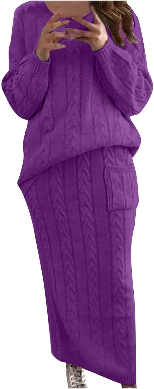 Womens Sweater Skirt Sets Chunky Cable Knit 2 Piece Outfit Winter Casual Crewneck Pullover Sweater and Long Skirts