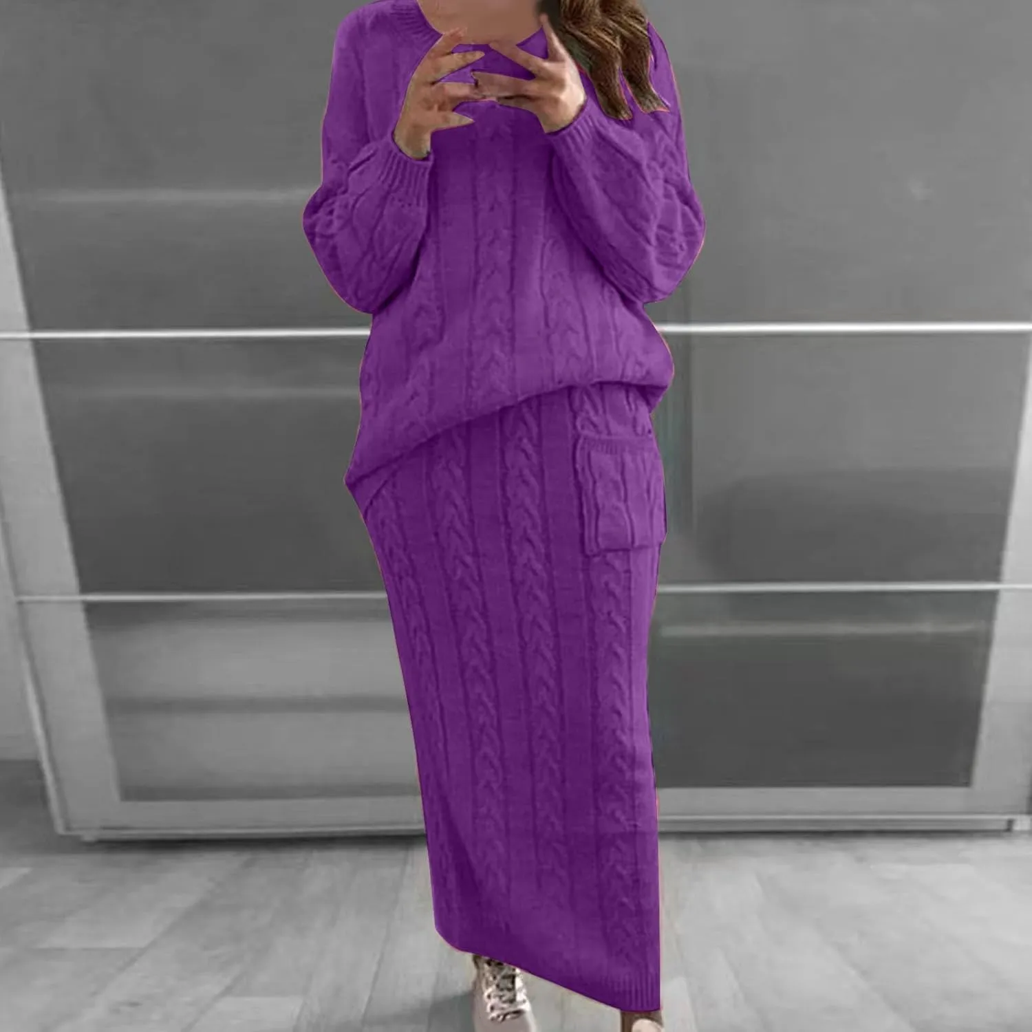 Womens Sweater Skirt Sets Chunky Cable Knit 2 Piece Outfit Winter Casual Crewneck Pullover Sweater and Long Skirts
