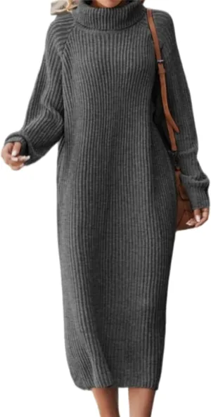 Women's Turtleneck Sweater Midi Dress Long Sleeve Ribbed Knit Maxi Pullover Sweater Dress Loose Fit Fall Knit Dress