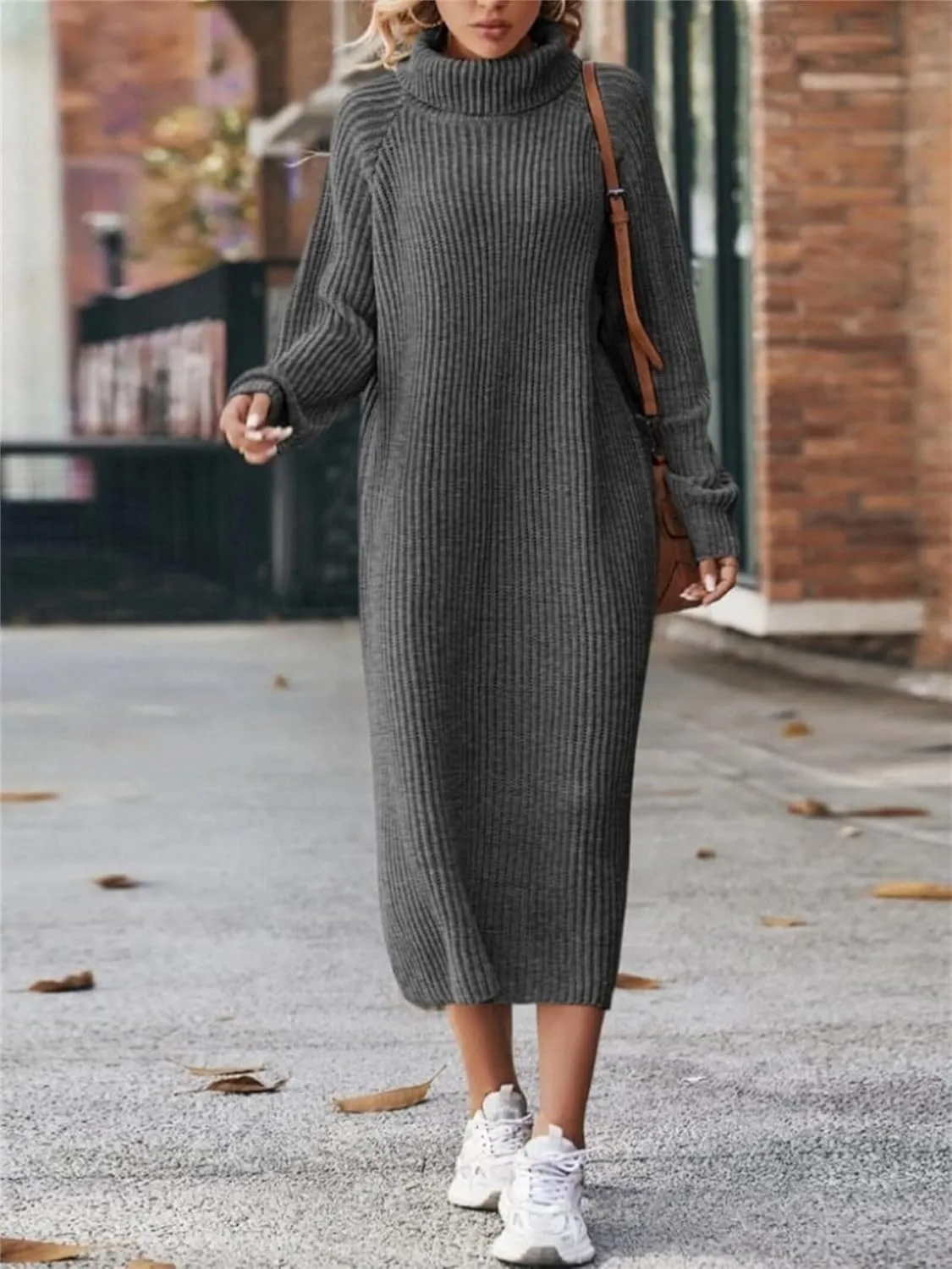 Women's Turtleneck Sweater Midi Dress Long Sleeve Ribbed Knit Maxi Pullover Sweater Dress Loose Fit Fall Knit Dress