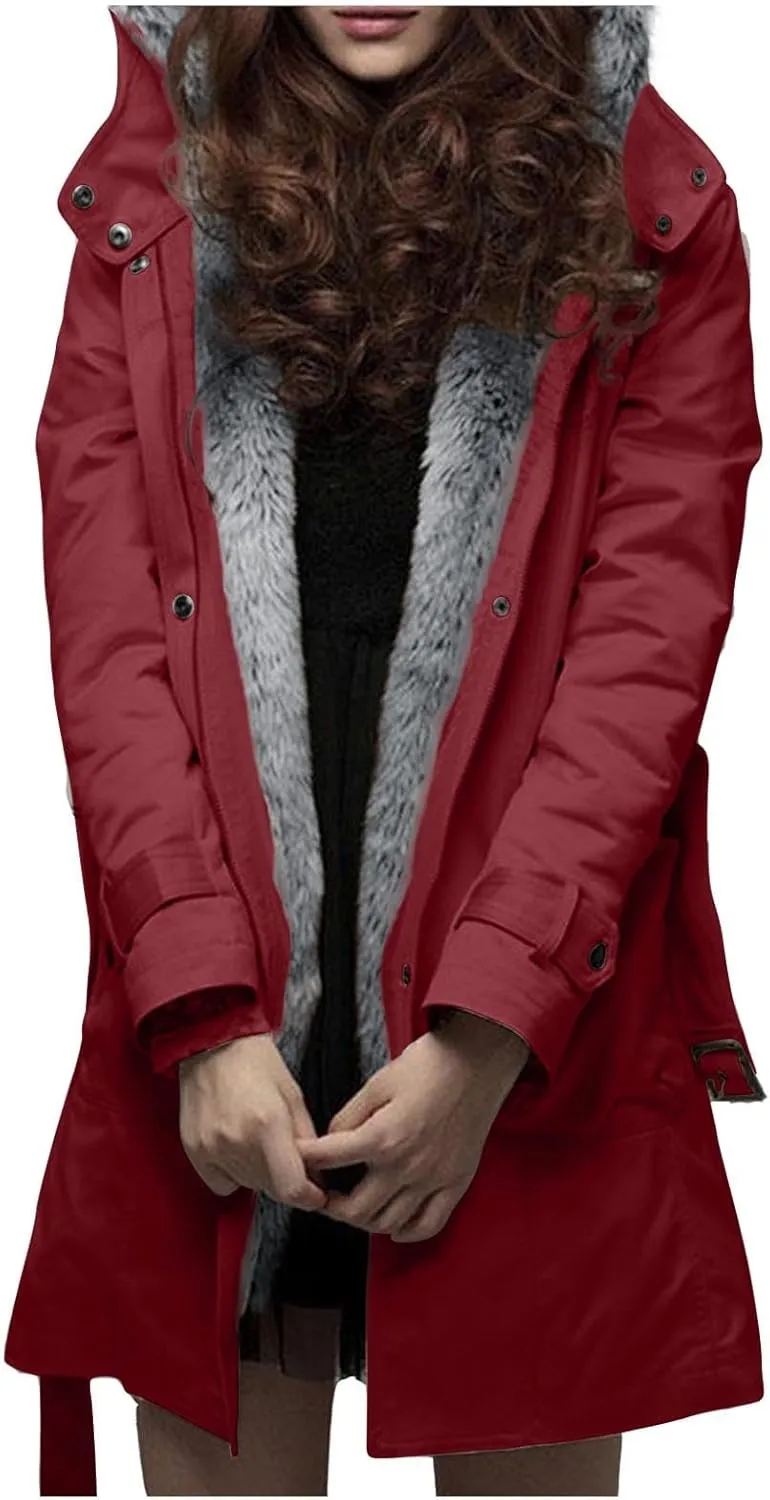 Womens Warm Winter Coats Fuzzy Fleece Lined Parka Slim Fit Thicken Sherpa Hooded Long Jackets Outerwear