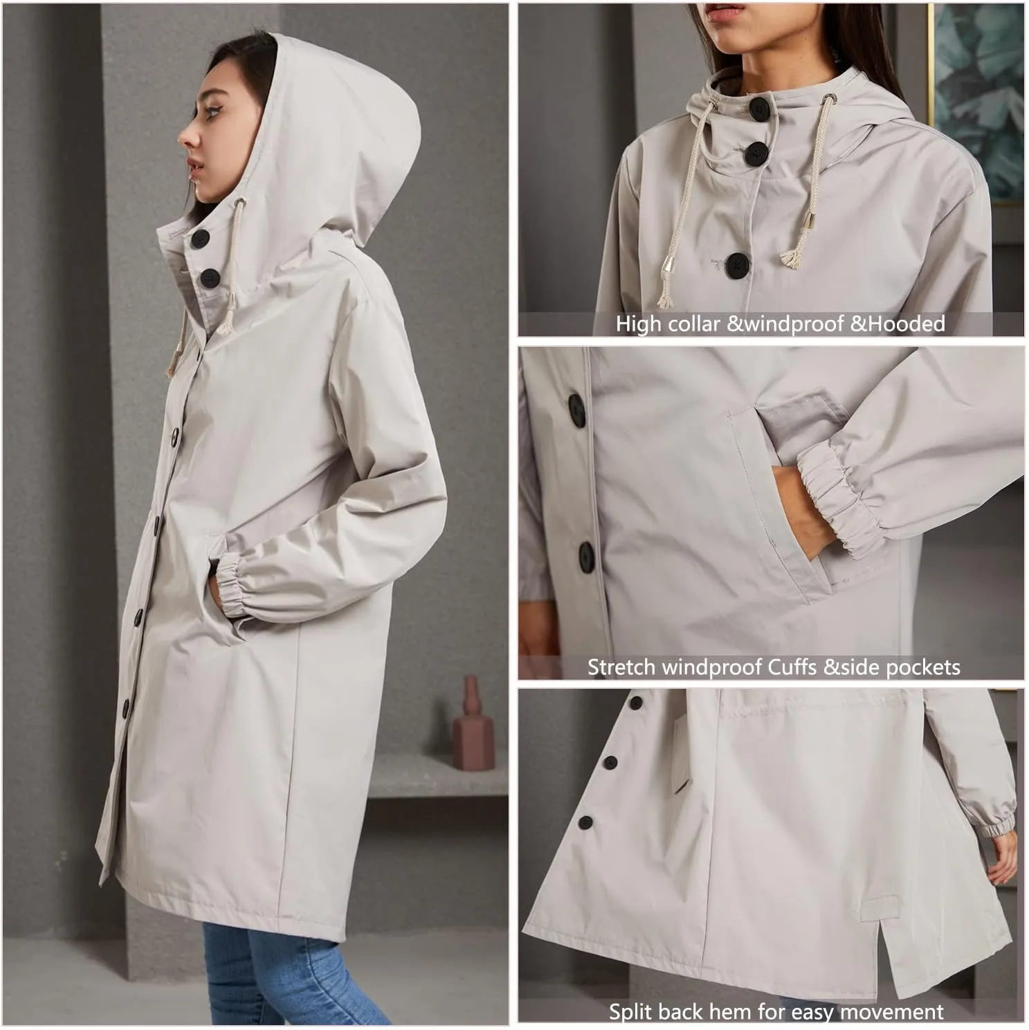 Women's Water-Resistant Hooded Trench Coat, Casual Long Windbreaker, Loose Fit, Fall Winter