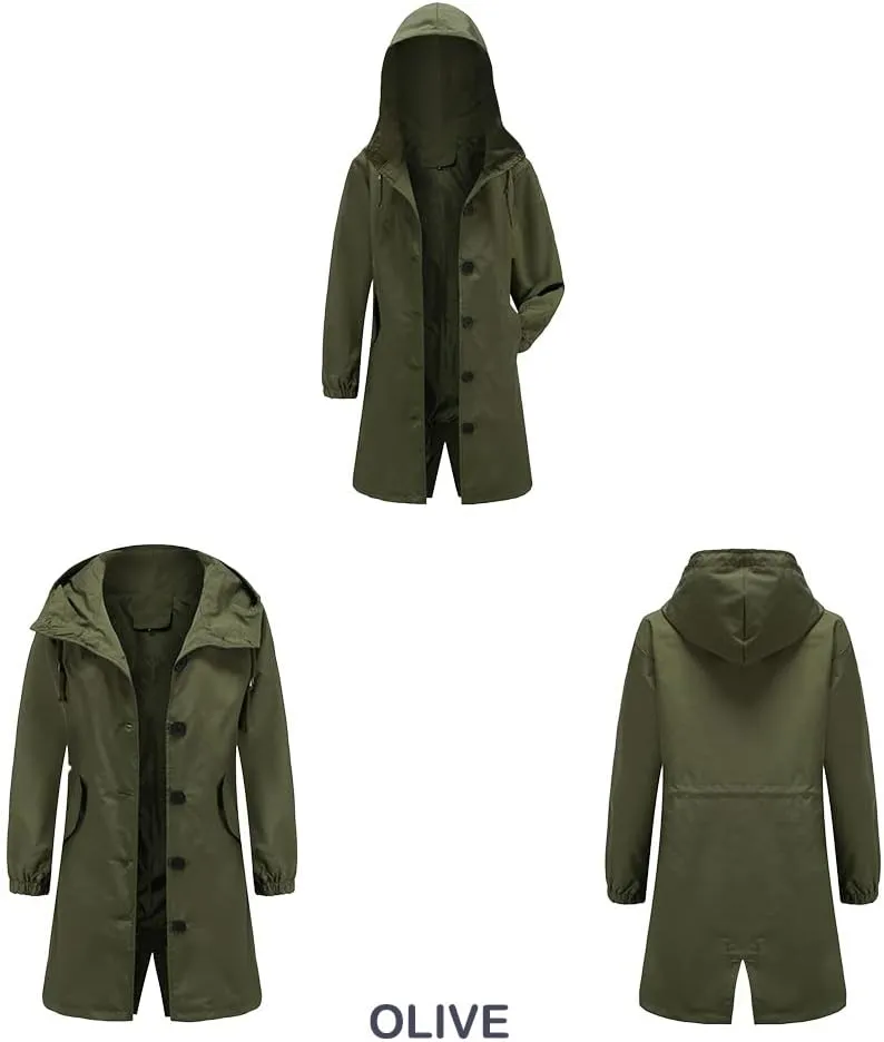 Women's Water-Resistant Hooded Trench Coat, Casual Long Windbreaker, Loose Fit, Fall Winter