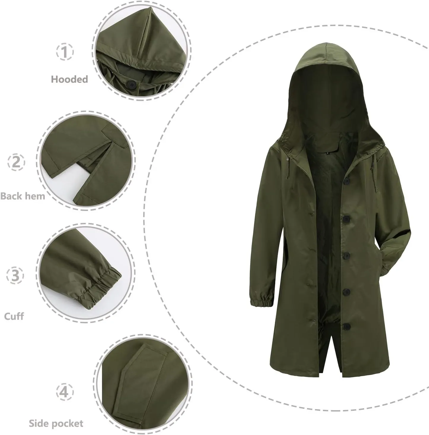 Women's Water-Resistant Hooded Trench Coat, Casual Long Windbreaker, Loose Fit, Fall Winter