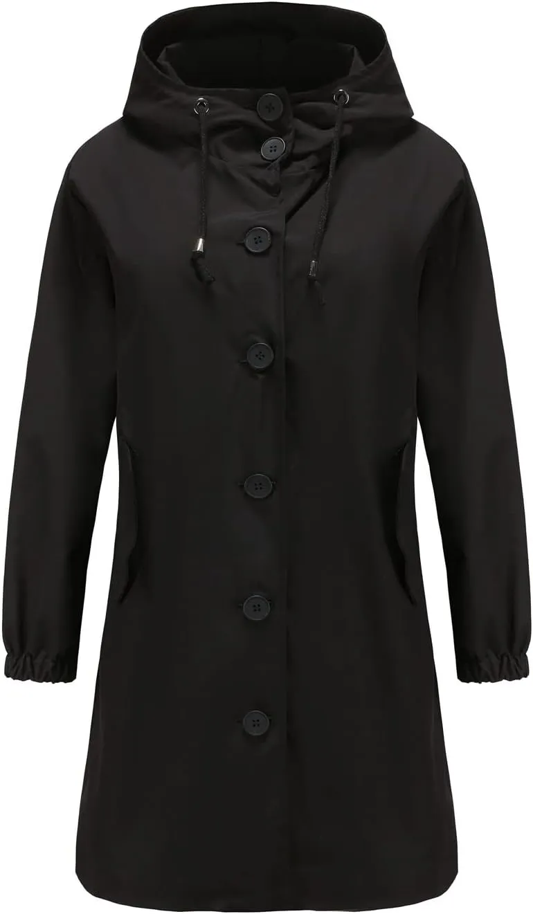 Women's Water-Resistant Hooded Trench Coat, Casual Long Windbreaker, Loose Fit, Fall Winter