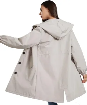 Women's Water-Resistant Hooded Trench Coat, Casual Long Windbreaker, Loose Fit, Fall Winter