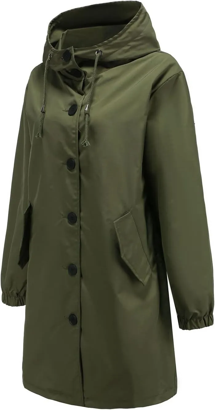 Women's Water-Resistant Hooded Trench Coat, Casual Long Windbreaker, Loose Fit, Fall Winter