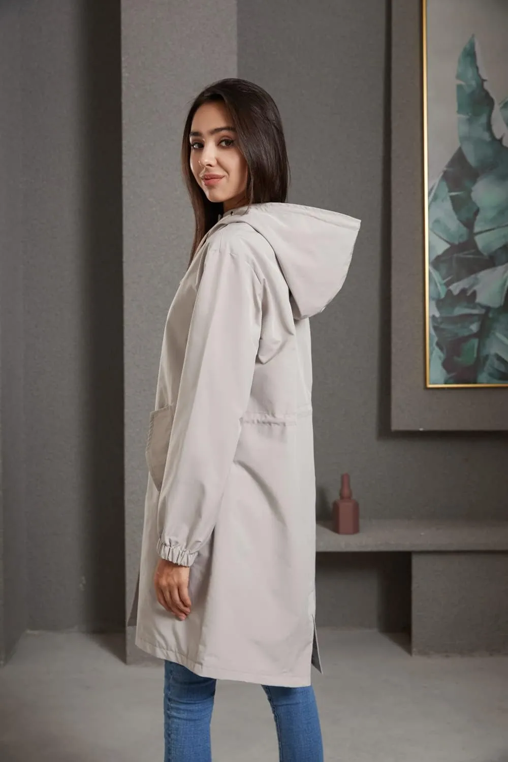 Women's Water-Resistant Hooded Trench Coat, Casual Long Windbreaker, Loose Fit, Fall Winter