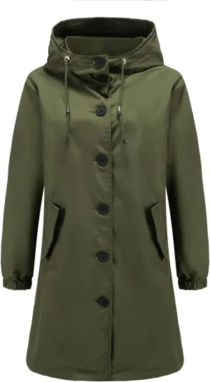 Women's Water-Resistant Hooded Trench Coat, Casual Long Windbreaker, Loose Fit, Fall Winter