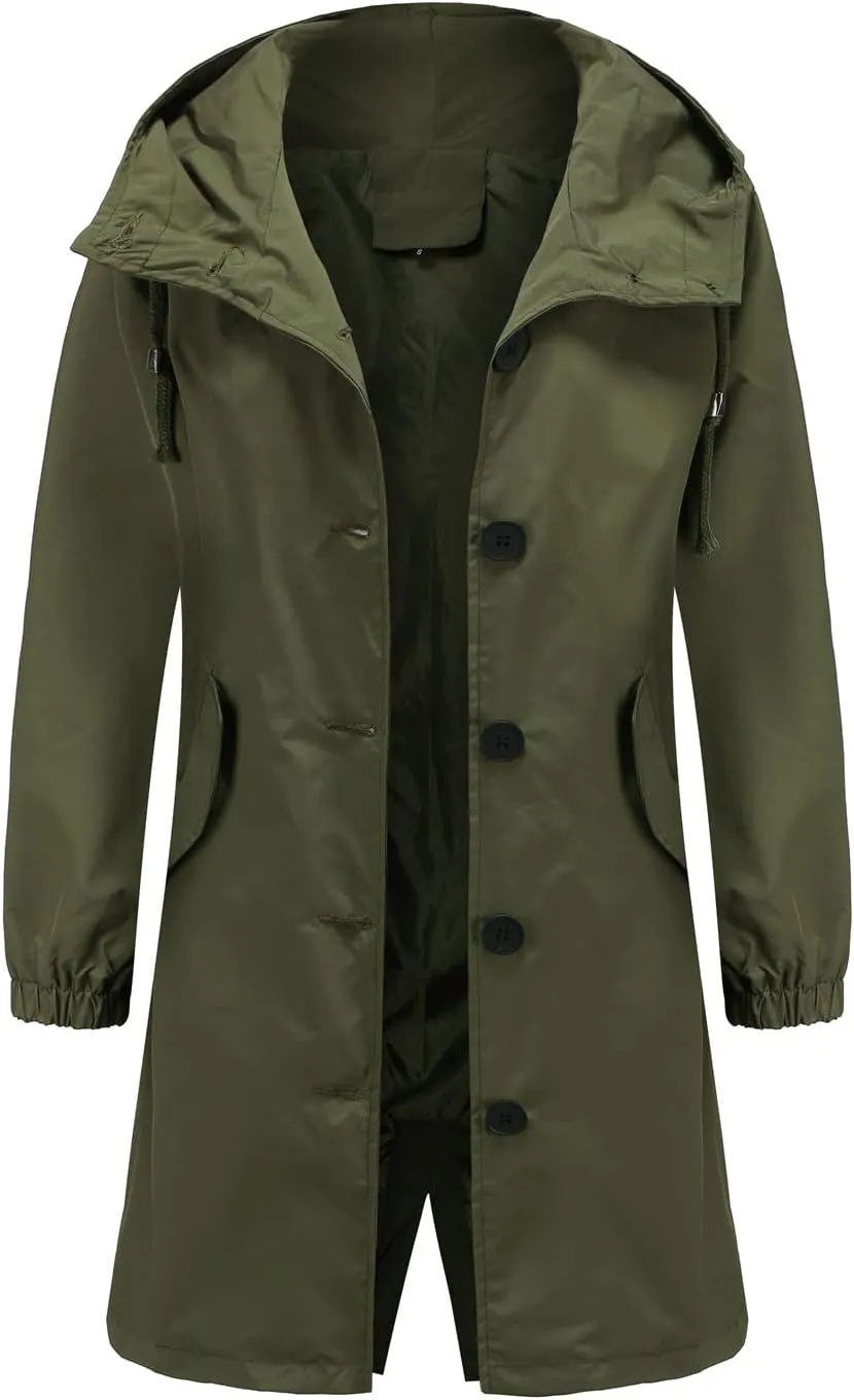 Women's Water-Resistant Hooded Trench Coat, Casual Long Windbreaker, Loose Fit, Fall Winter