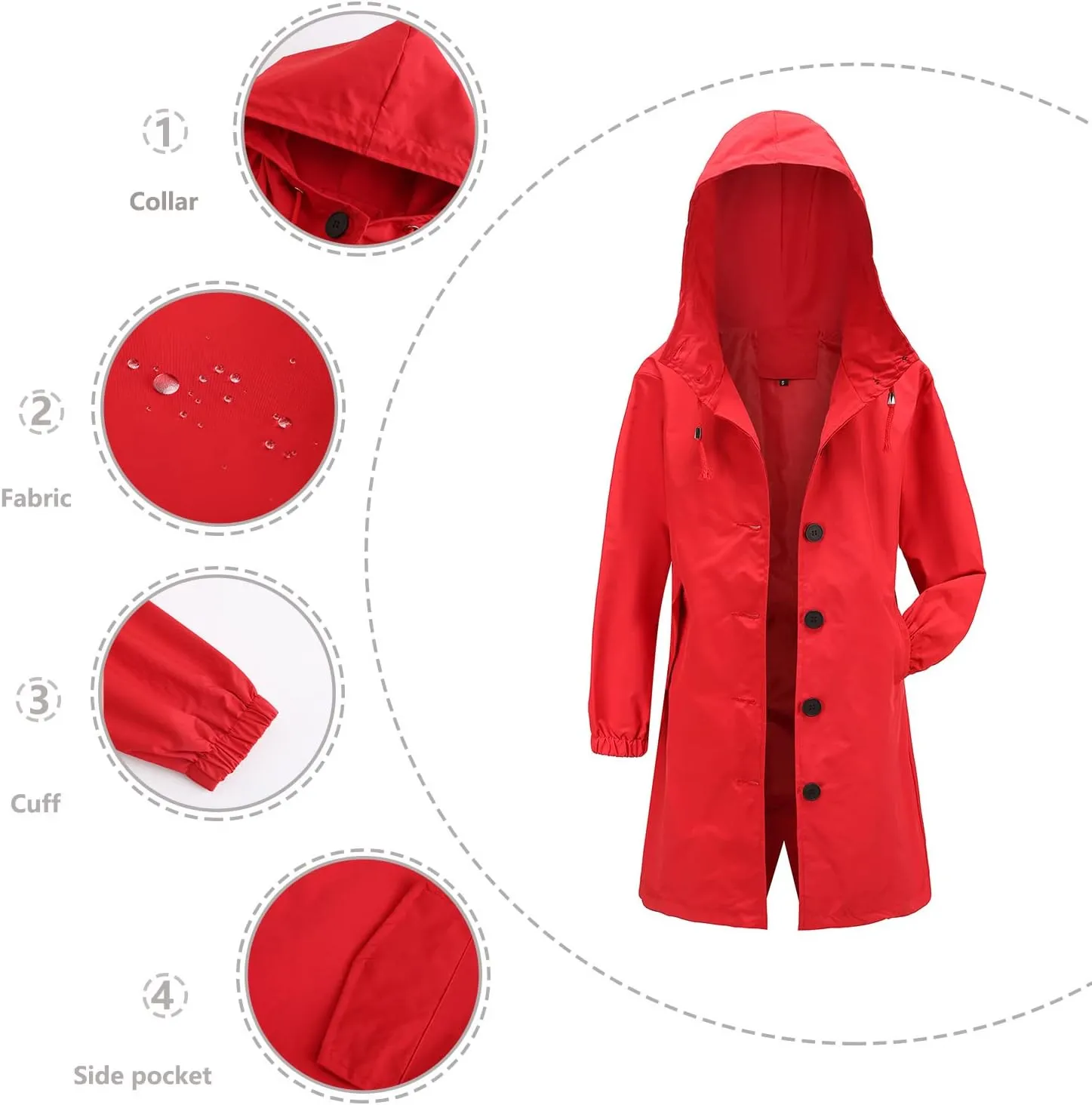 Women's Water-Resistant Hooded Trench Coat, Casual Long Windbreaker, Loose Fit, Fall Winter