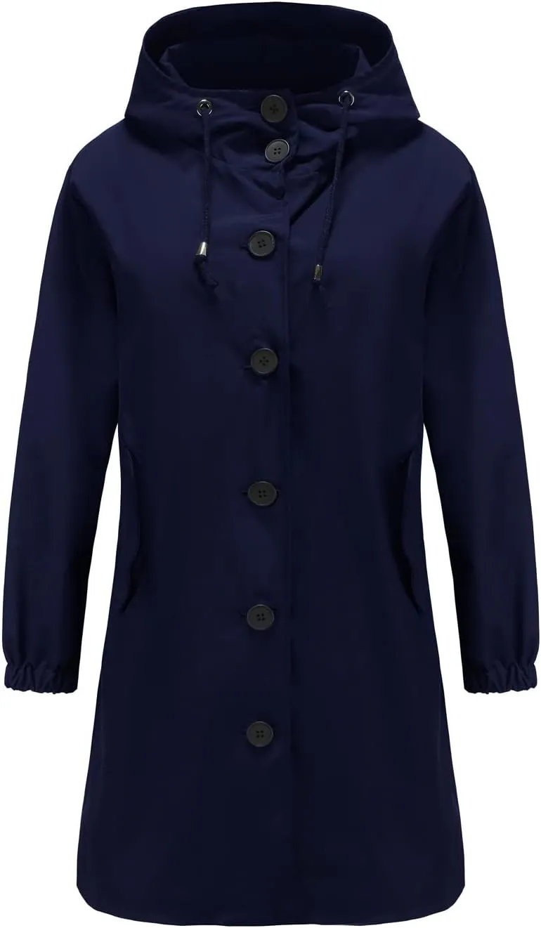 Women's Water-Resistant Hooded Trench Coat, Casual Long Windbreaker, Loose Fit, Fall Winter
