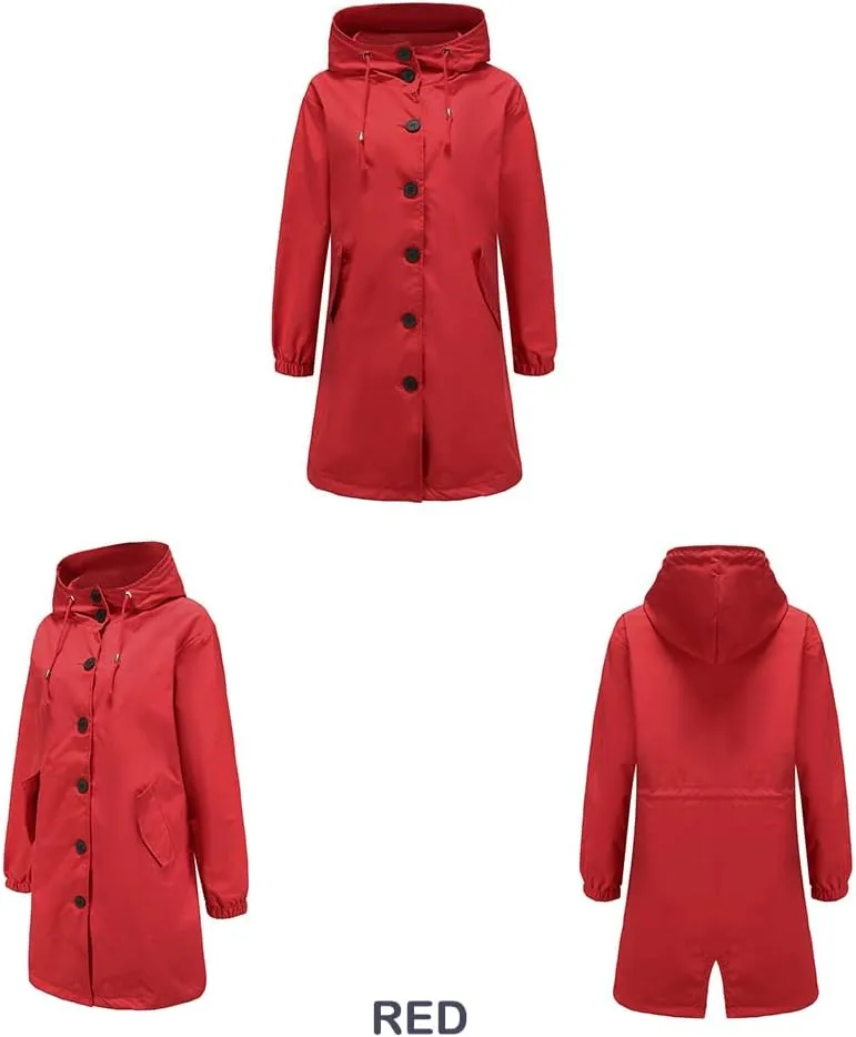 Women's Water-Resistant Hooded Trench Coat, Casual Long Windbreaker, Loose Fit, Fall Winter