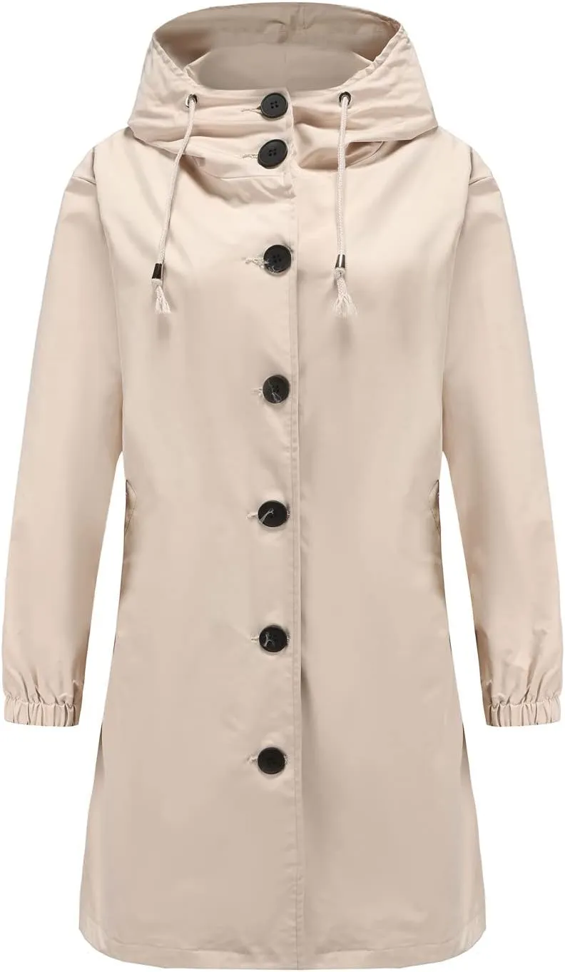 Women's Water-Resistant Hooded Trench Coat, Casual Long Windbreaker, Loose Fit, Fall Winter