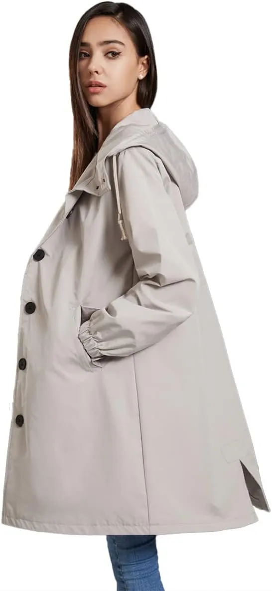 Women's Water-Resistant Hooded Trench Coat, Casual Long Windbreaker, Loose Fit, Fall Winter