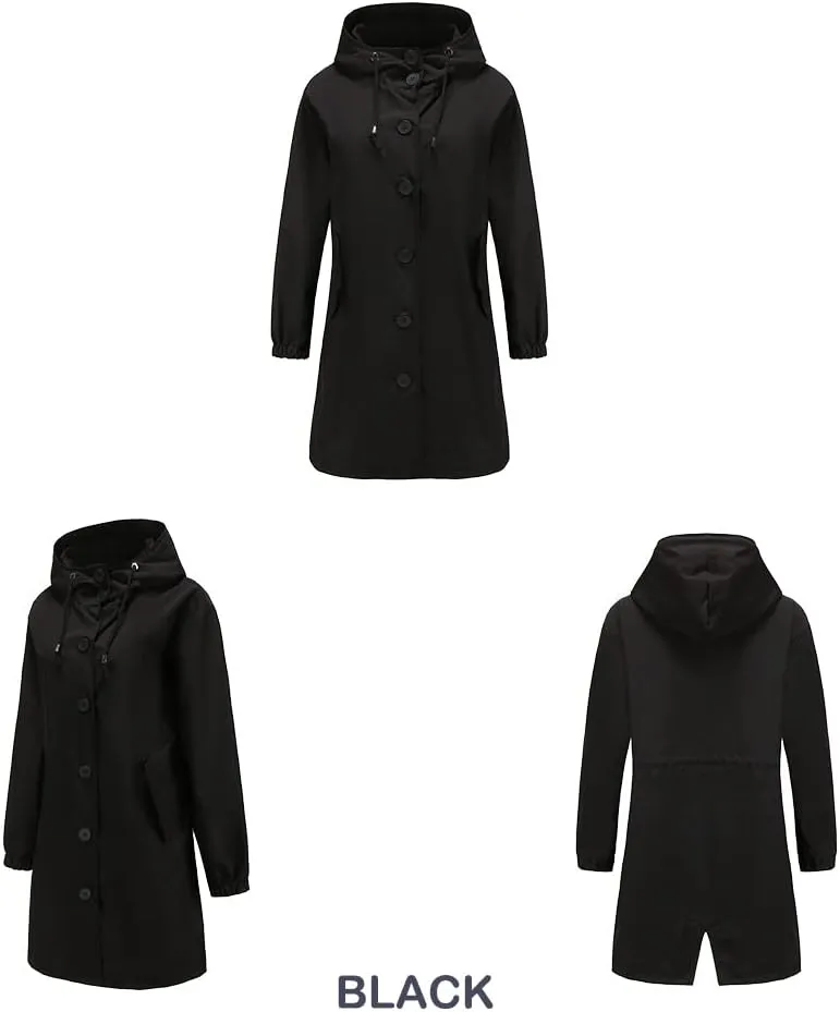 Women's Water-Resistant Hooded Trench Coat, Casual Long Windbreaker, Loose Fit, Fall Winter