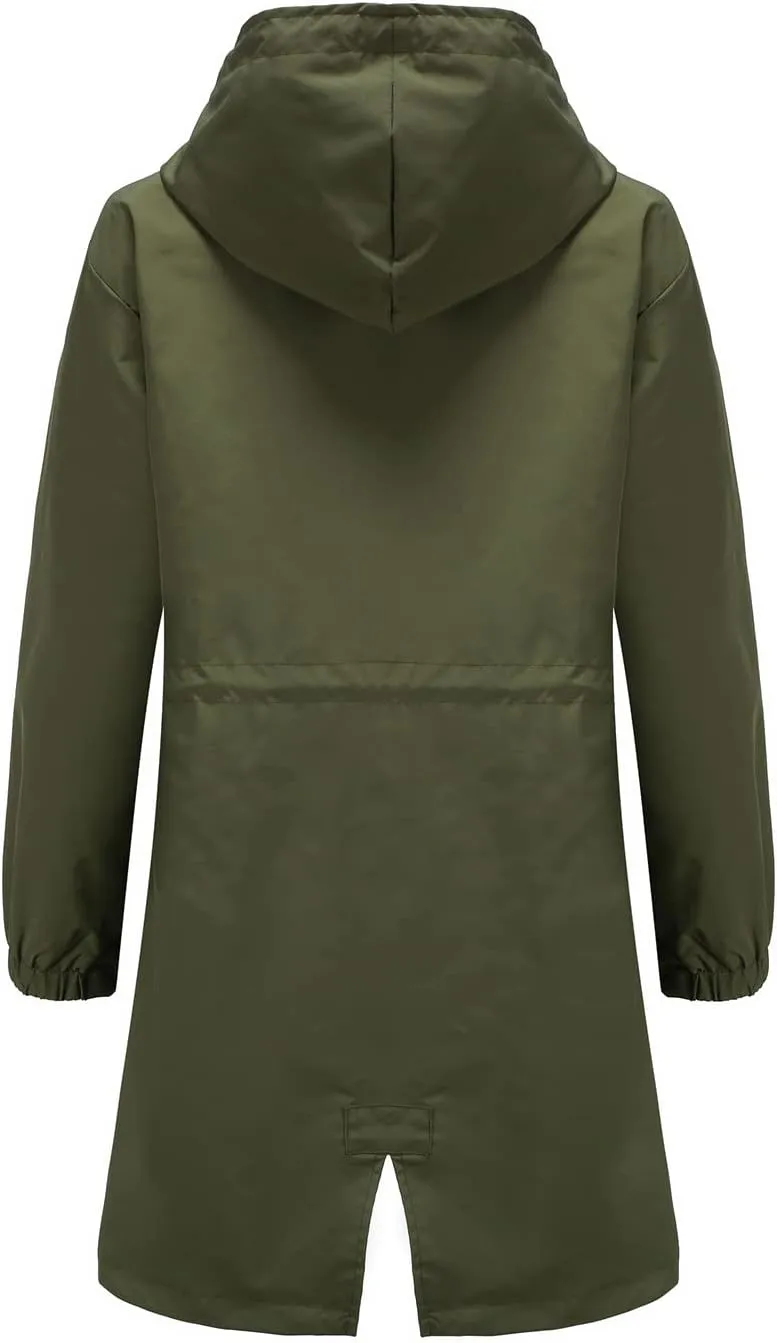 Women's Water-Resistant Hooded Trench Coat, Casual Long Windbreaker, Loose Fit, Fall Winter