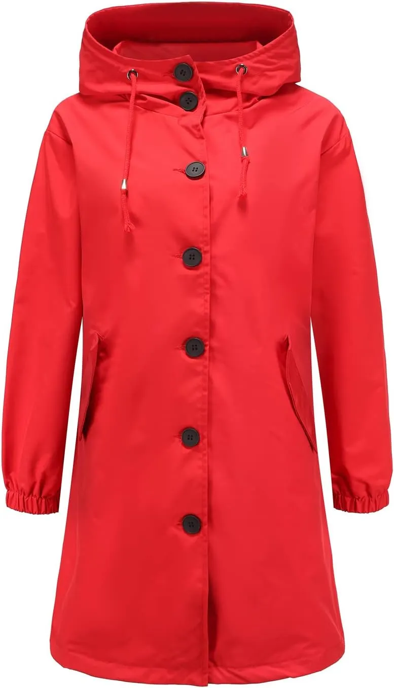 Women's Water-Resistant Hooded Trench Coat, Casual Long Windbreaker, Loose Fit, Fall Winter