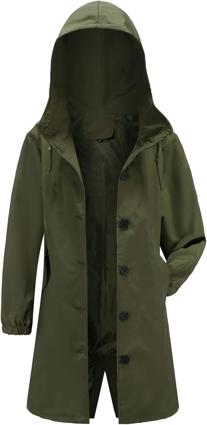 Women's Water-Resistant Hooded Trench Coat, Casual Long Windbreaker, Loose Fit, Fall Winter