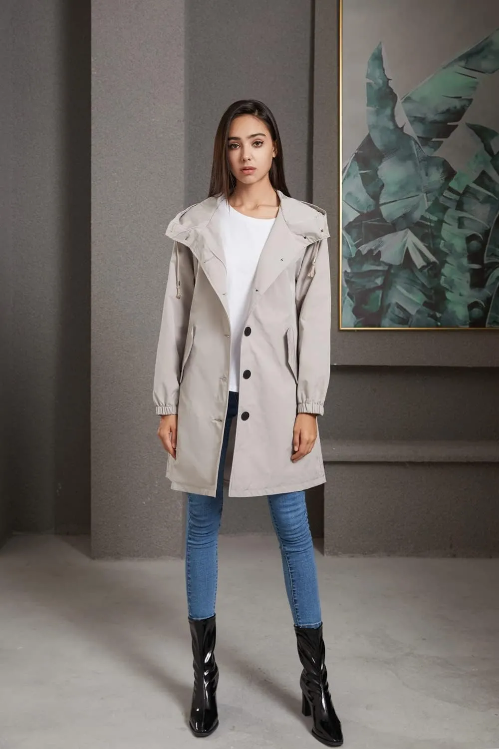 Women's Water-Resistant Hooded Trench Coat, Casual Long Windbreaker, Loose Fit, Fall Winter