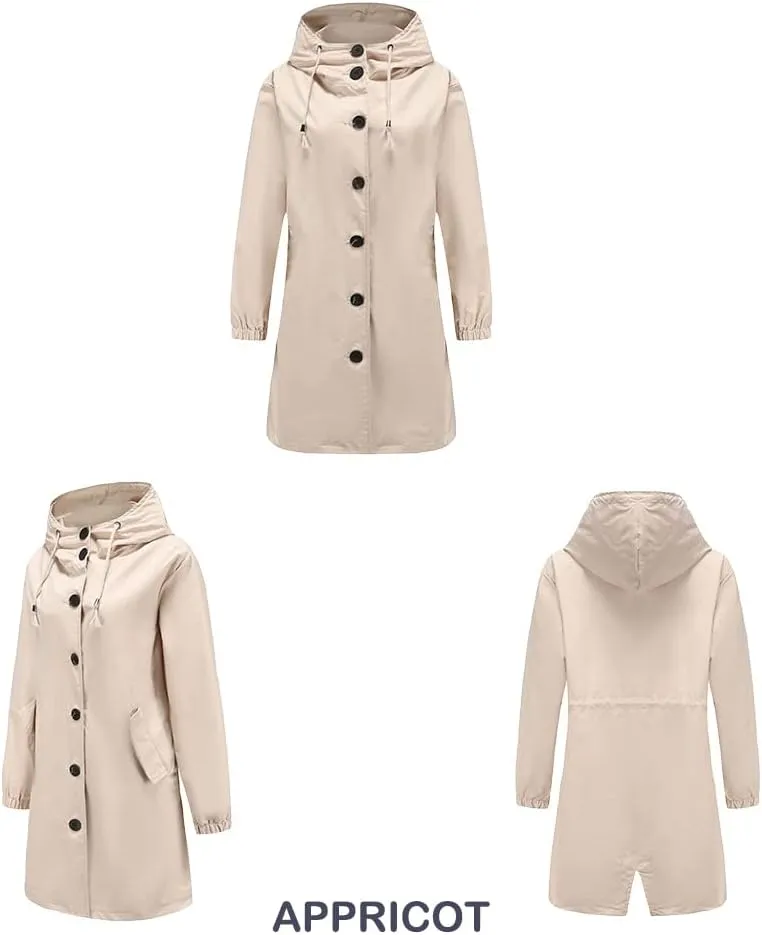 Women's Water-Resistant Hooded Trench Coat, Casual Long Windbreaker, Loose Fit, Fall Winter