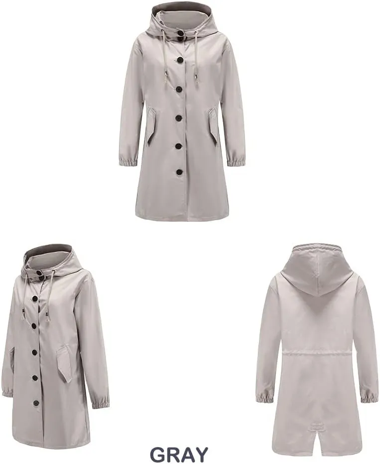 Women's Water-Resistant Hooded Trench Coat, Casual Long Windbreaker, Loose Fit, Fall Winter