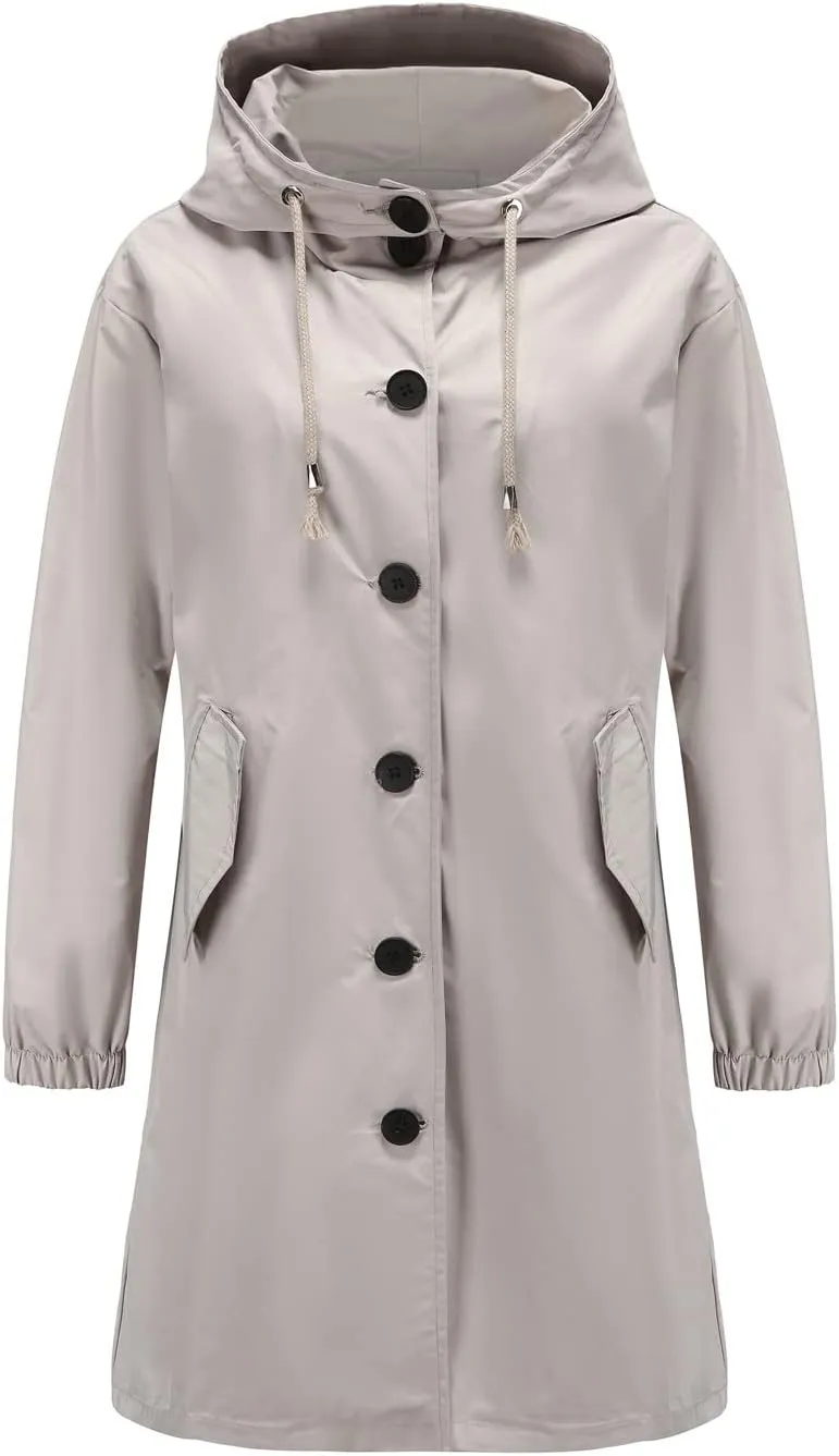 Women's Water-Resistant Hooded Trench Coat, Casual Long Windbreaker, Loose Fit, Fall Winter