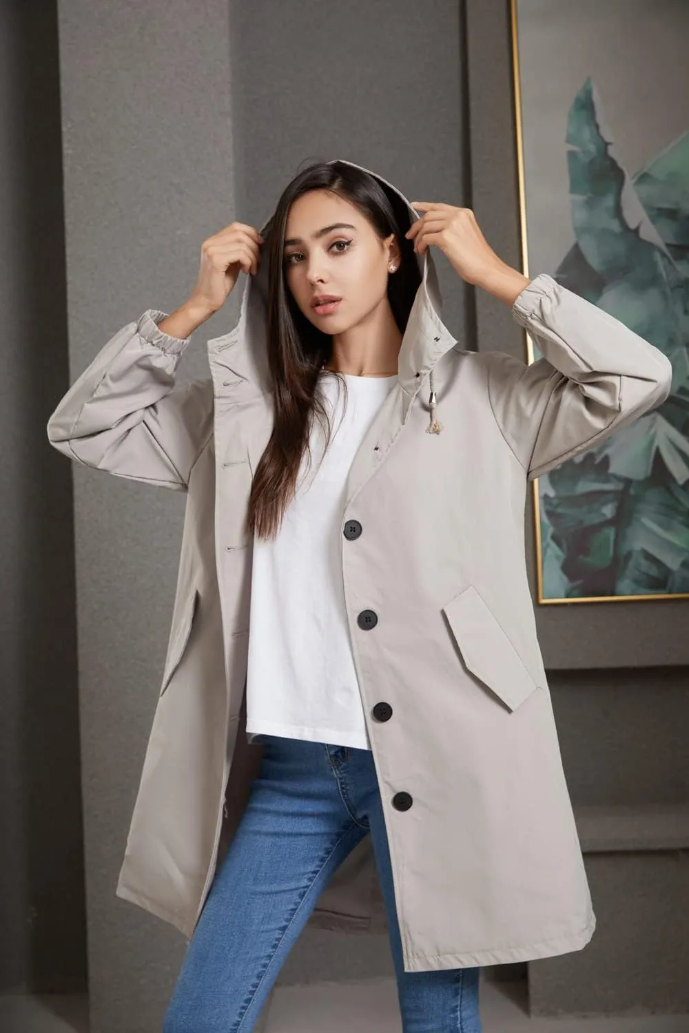 Women's Water-Resistant Hooded Trench Coat, Casual Long Windbreaker, Loose Fit, Fall Winter
