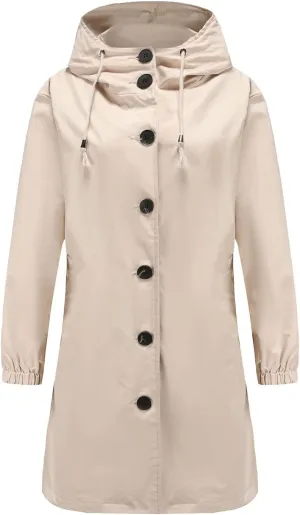 Women's Water-Resistant Hooded Trench Coat, Casual Long Windbreaker, Loose Fit, Fall Winter