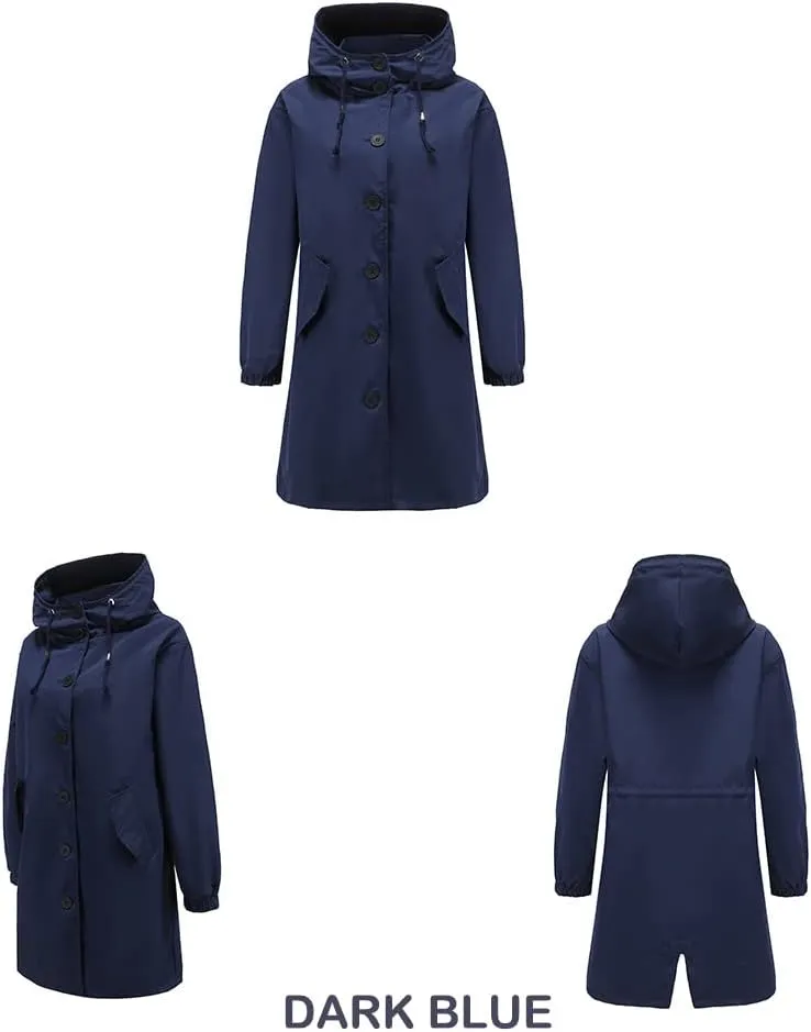 Women's Water-Resistant Hooded Trench Coat, Casual Long Windbreaker, Loose Fit, Fall Winter