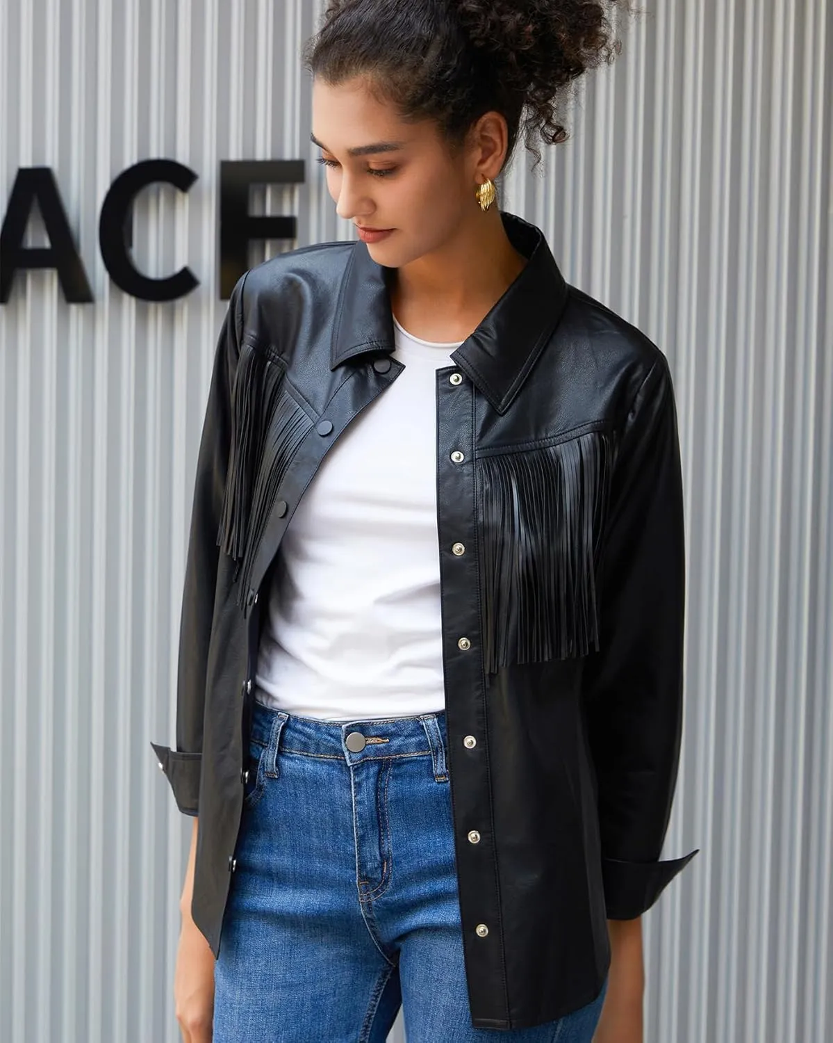 Women's Western Fringe Jackets Long Sleeve Button Down Faux Leather Shirt Tops With Pockets