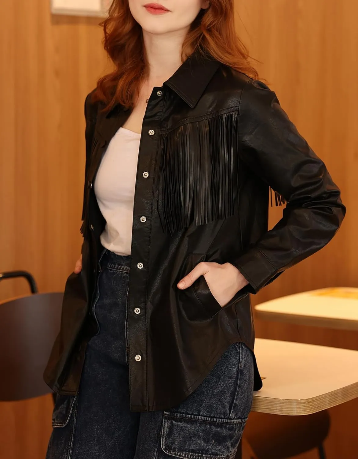 Women's Western Fringe Jackets Long Sleeve Button Down Faux Leather Shirt Tops With Pockets