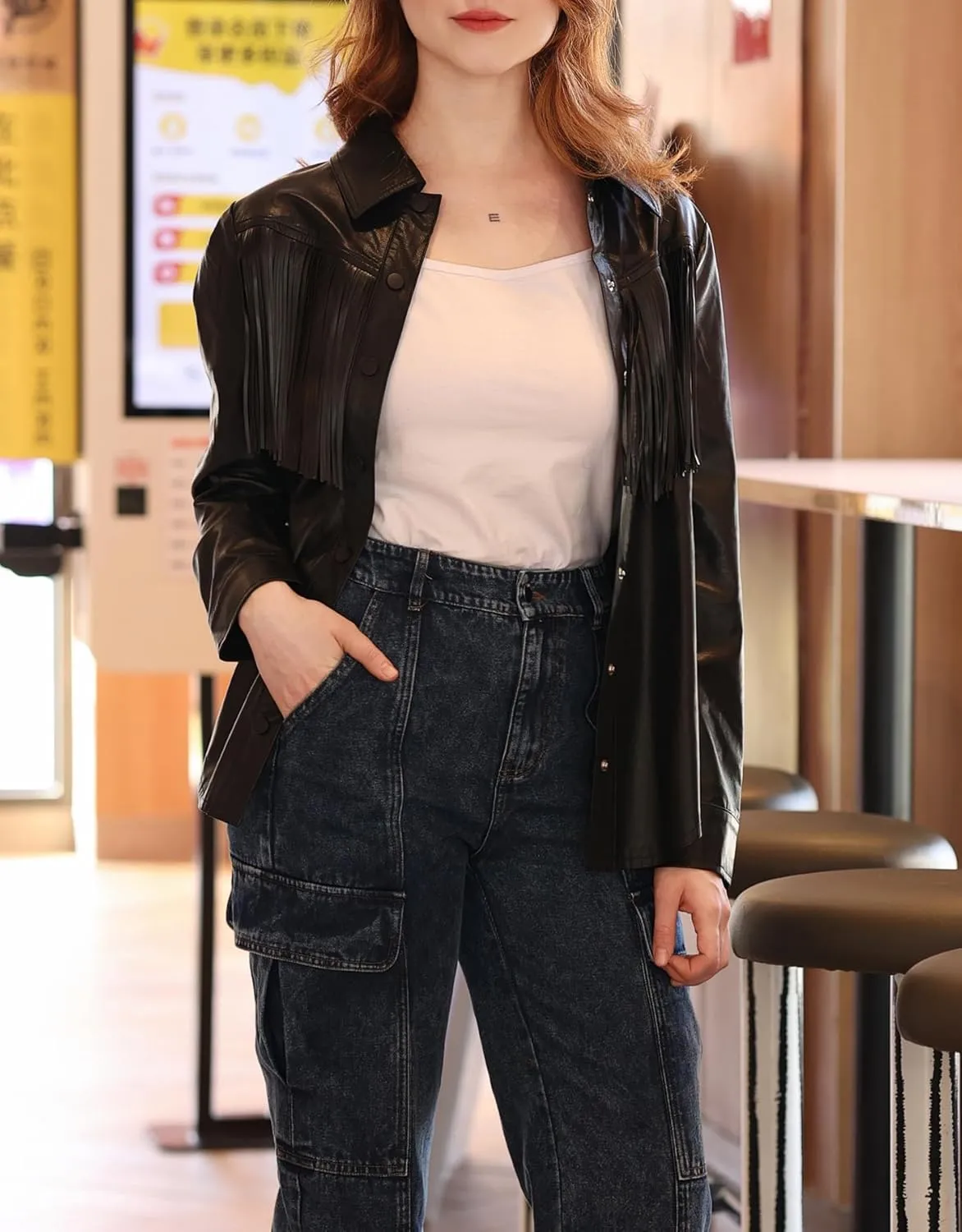 Women's Western Fringe Jackets Long Sleeve Button Down Faux Leather Shirt Tops With Pockets
