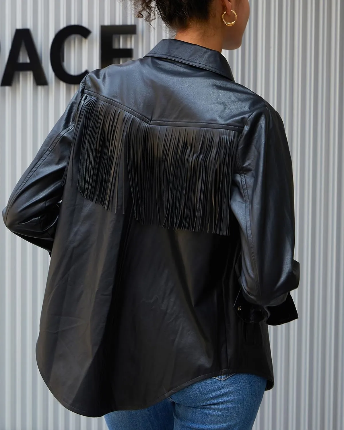 Women's Western Fringe Jackets Long Sleeve Button Down Faux Leather Shirt Tops With Pockets