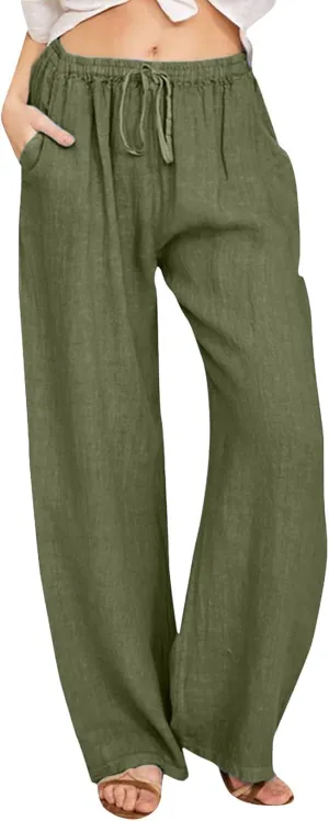 Women's Wide Leg Cotton Linen Pants Dressy Casual High Waist Palazzo Pant Lounge Button Up Trouser with Pocket