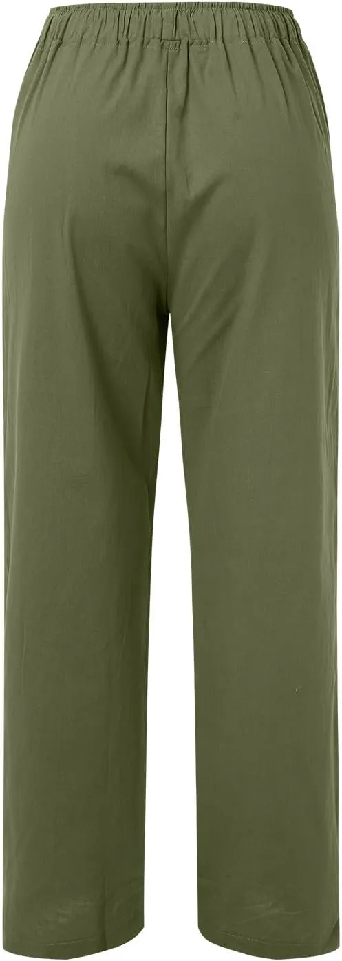 Women's Wide Leg Cotton Linen Pants Dressy Casual High Waist Palazzo Pant Lounge Button Up Trouser with Pocket