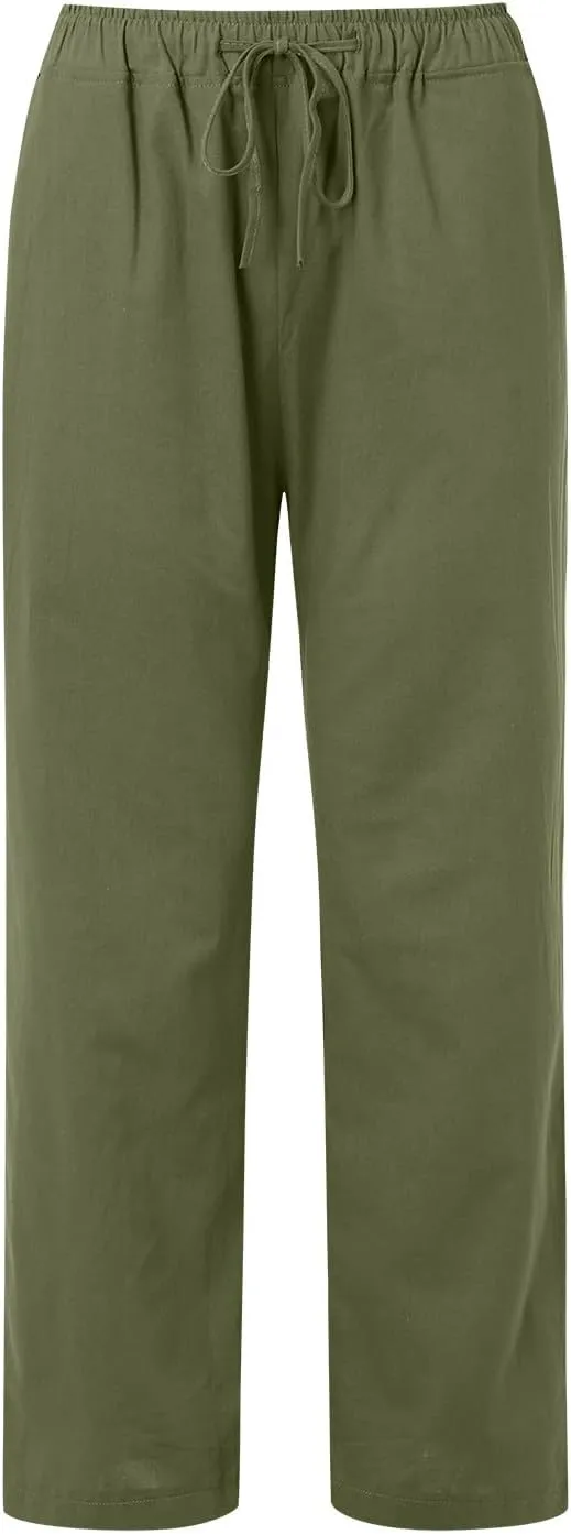 Women's Wide Leg Cotton Linen Pants Dressy Casual High Waist Palazzo Pant Lounge Button Up Trouser with Pocket