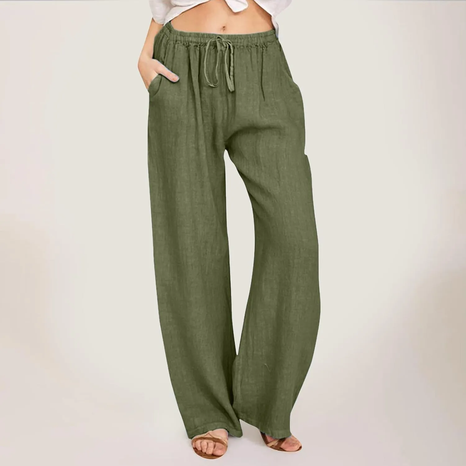 Women's Wide Leg Cotton Linen Pants Dressy Casual High Waist Palazzo Pant Lounge Button Up Trouser with Pocket